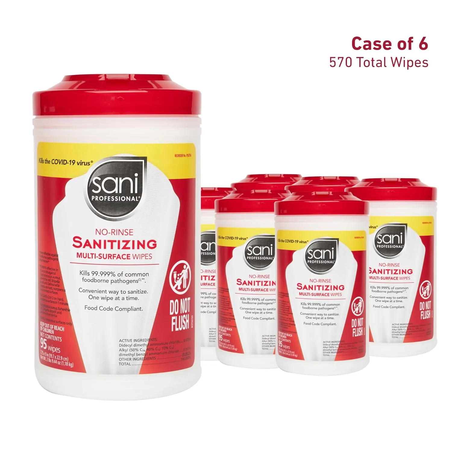 PDI Sani-Professional No-Rinse Sanitizing Wipes, 95 Ct, Canister (Pack of 6)