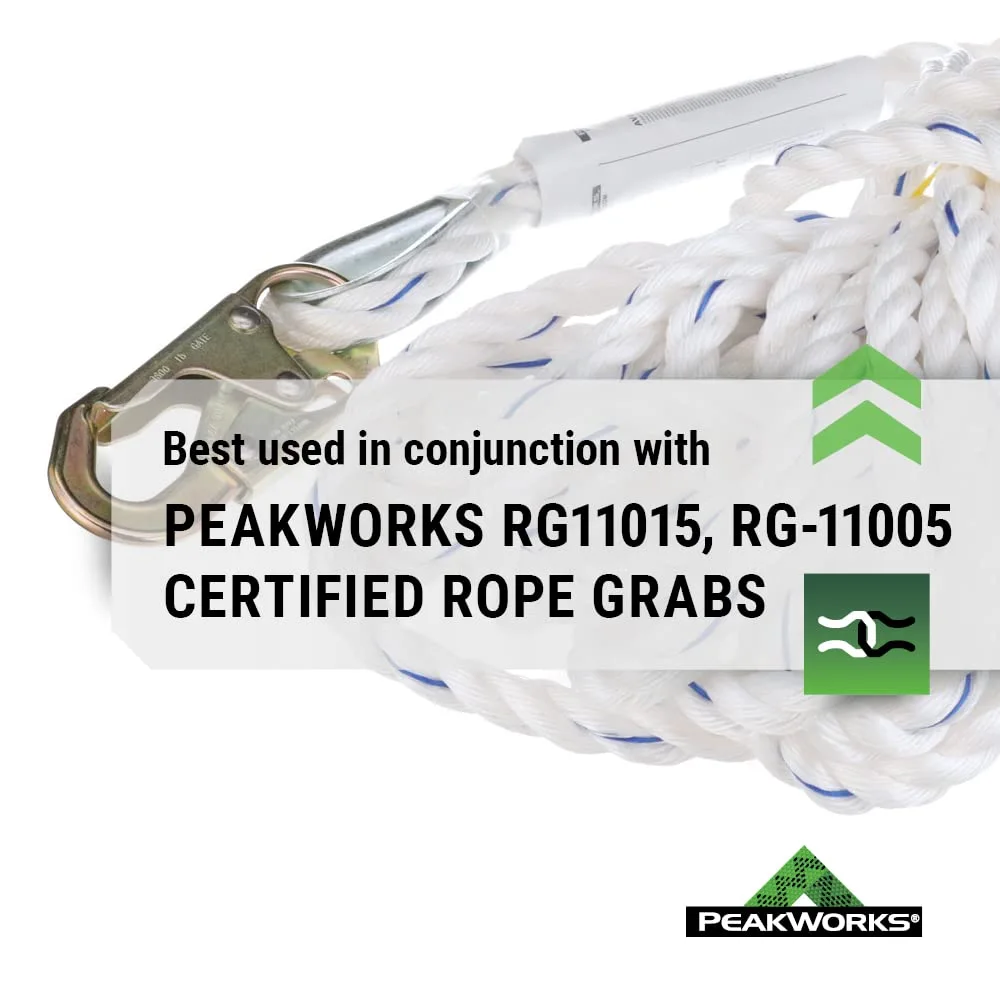 Peakworks Standard Vertical Lifeline - Polysteel 5/8" Rope with Snap Hook - Industrial, Construction, Roofing
