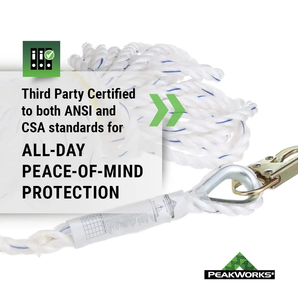 Peakworks Standard Vertical Lifeline - Polysteel 5/8" Rope with Snap Hook - Industrial, Construction, Roofing