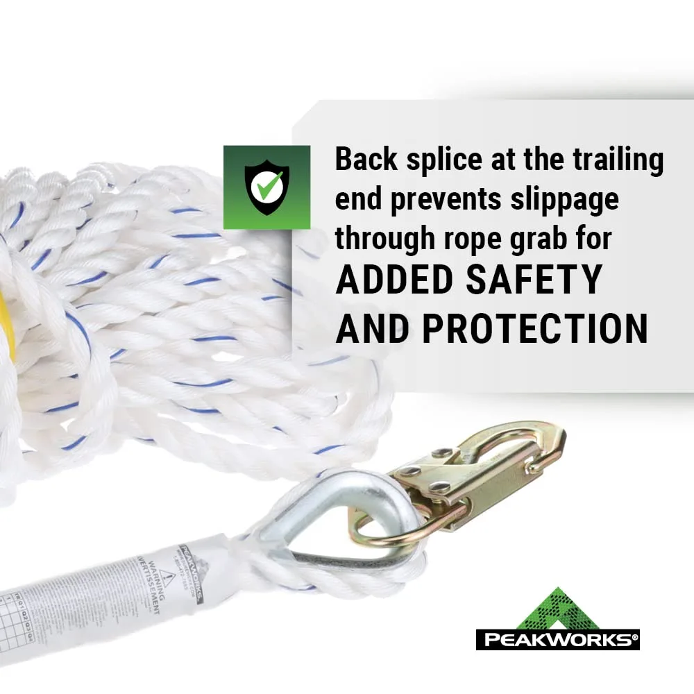 Peakworks Standard Vertical Lifeline - Polysteel 5/8" Rope with Snap Hook - Industrial, Construction, Roofing