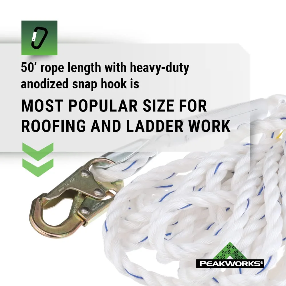 Peakworks Standard Vertical Lifeline - Polysteel 5/8" Rope with Snap Hook - Industrial, Construction, Roofing
