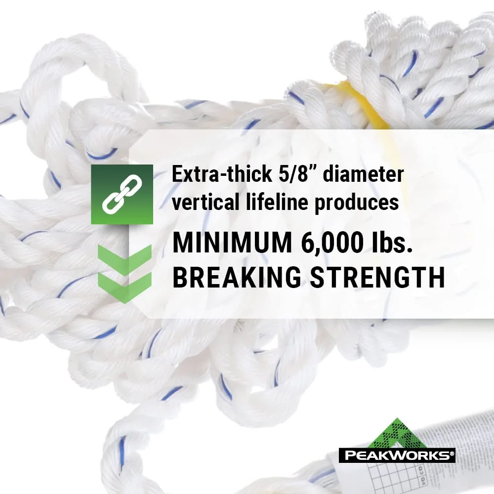 Peakworks Standard Vertical Lifeline - Polysteel 5/8" Rope with Snap Hook - Industrial, Construction, Roofing