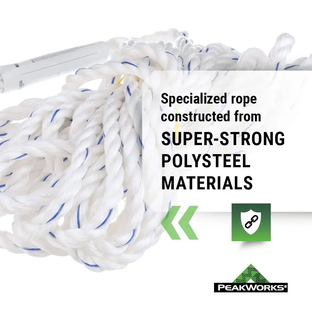 Peakworks Standard Vertical Lifeline - Polysteel 5/8" Rope with Snap Hook - Industrial, Construction, Roofing