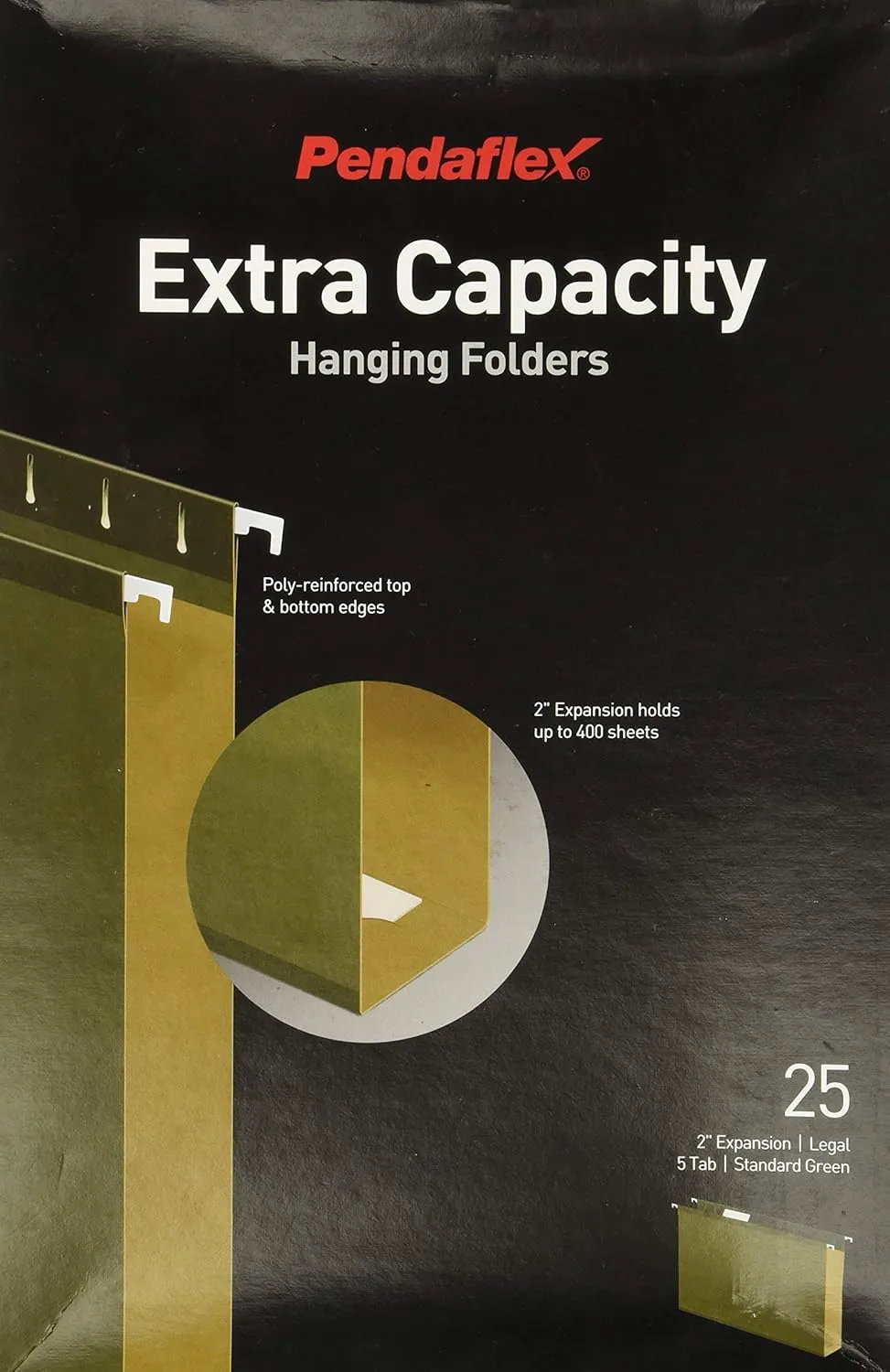 Pendaflex Reinforced 2" Extra-Capacity Hanging File Folders, Legal Size, Standard Green, 25/Box