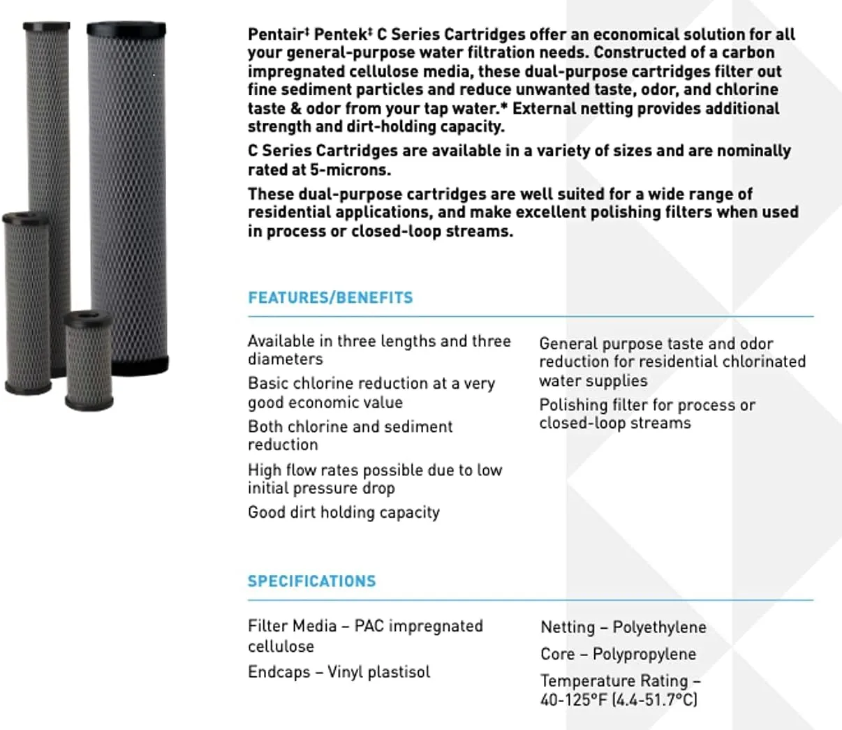 PENTEK C Series Carbon Water Filter Cartridge, 5 Micron