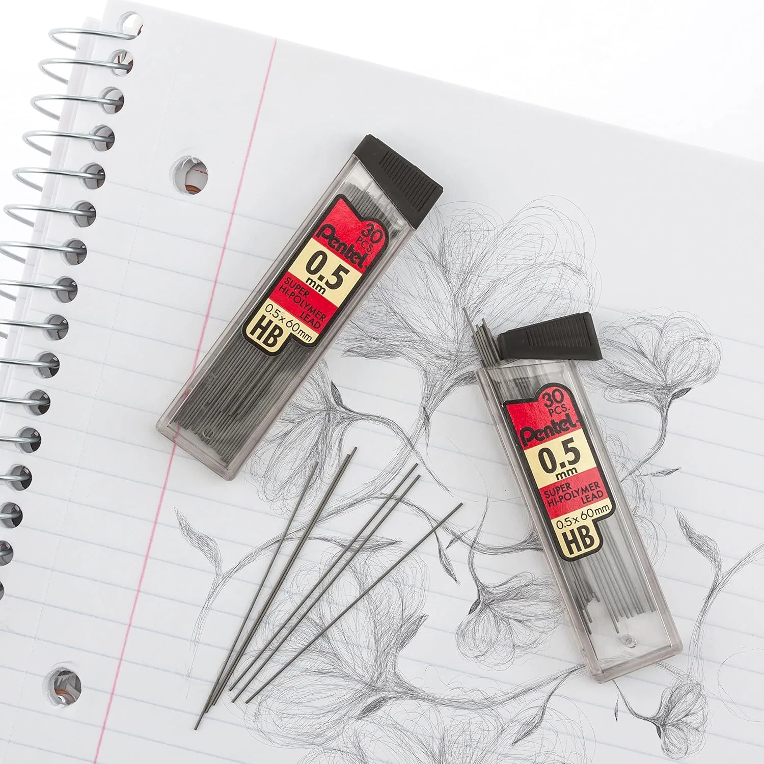 Pentel Super Hi-Polymer Leads, 0.5 mm, 2B, 12 Leads Per Tube, Pack Of 3 Tubes