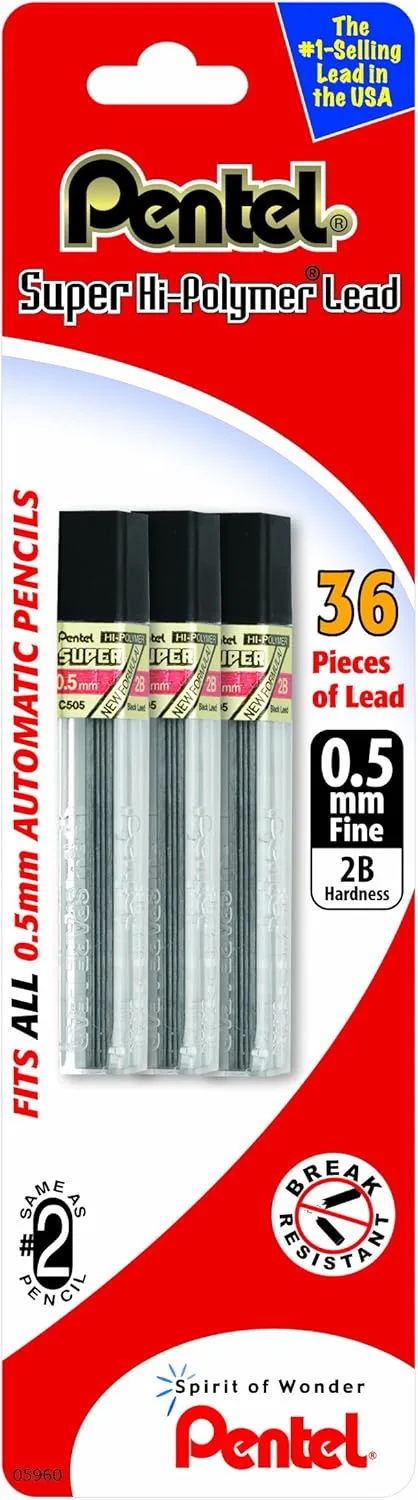 Pentel Super Hi-Polymer Leads, 0.5 mm, 2B, 12 Leads Per Tube, Pack Of 3 Tubes