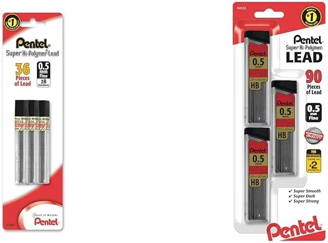 Pentel Super Hi-Polymer Leads, 0.5 mm, 2B, 12 Leads Per Tube, Pack Of 3 Tubes