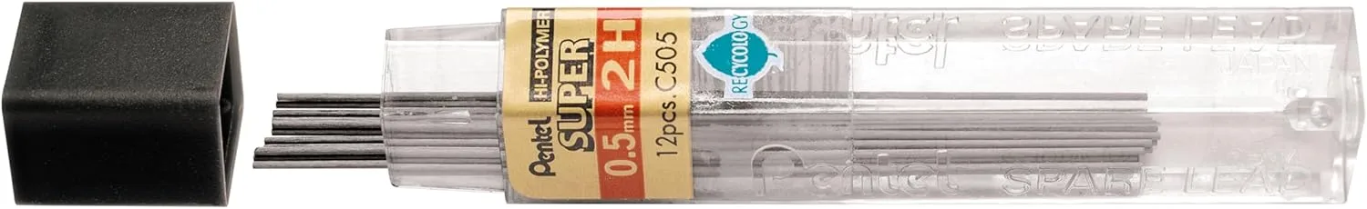 Pentel Super Hi-Polymer Leads, 0.5 mm, 2H, Hard, 12 Leads Per Tube