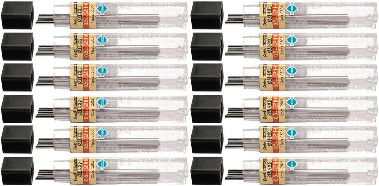 Pentel Super Hi-Polymer Leads, 0.5 mm, 2H, Hard, 12 Leads Per Tube