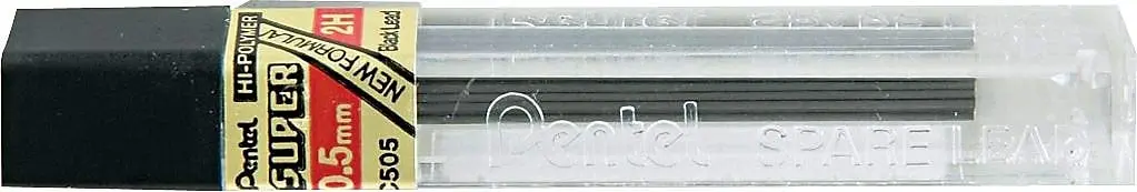 Pentel Super Hi-Polymer Lead Refill, 0.5mm, Fine, 2H, 144 Pieces of Lead (C505-2H), Gray