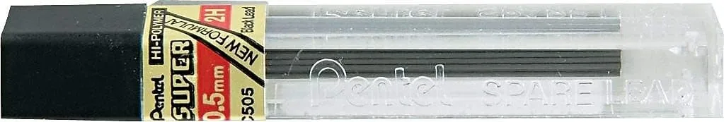 Pentel Super Hi-Polymer Lead Refill, 0.5mm, Fine, 2H, 144 Pieces of Lead (C505-2H), Gray