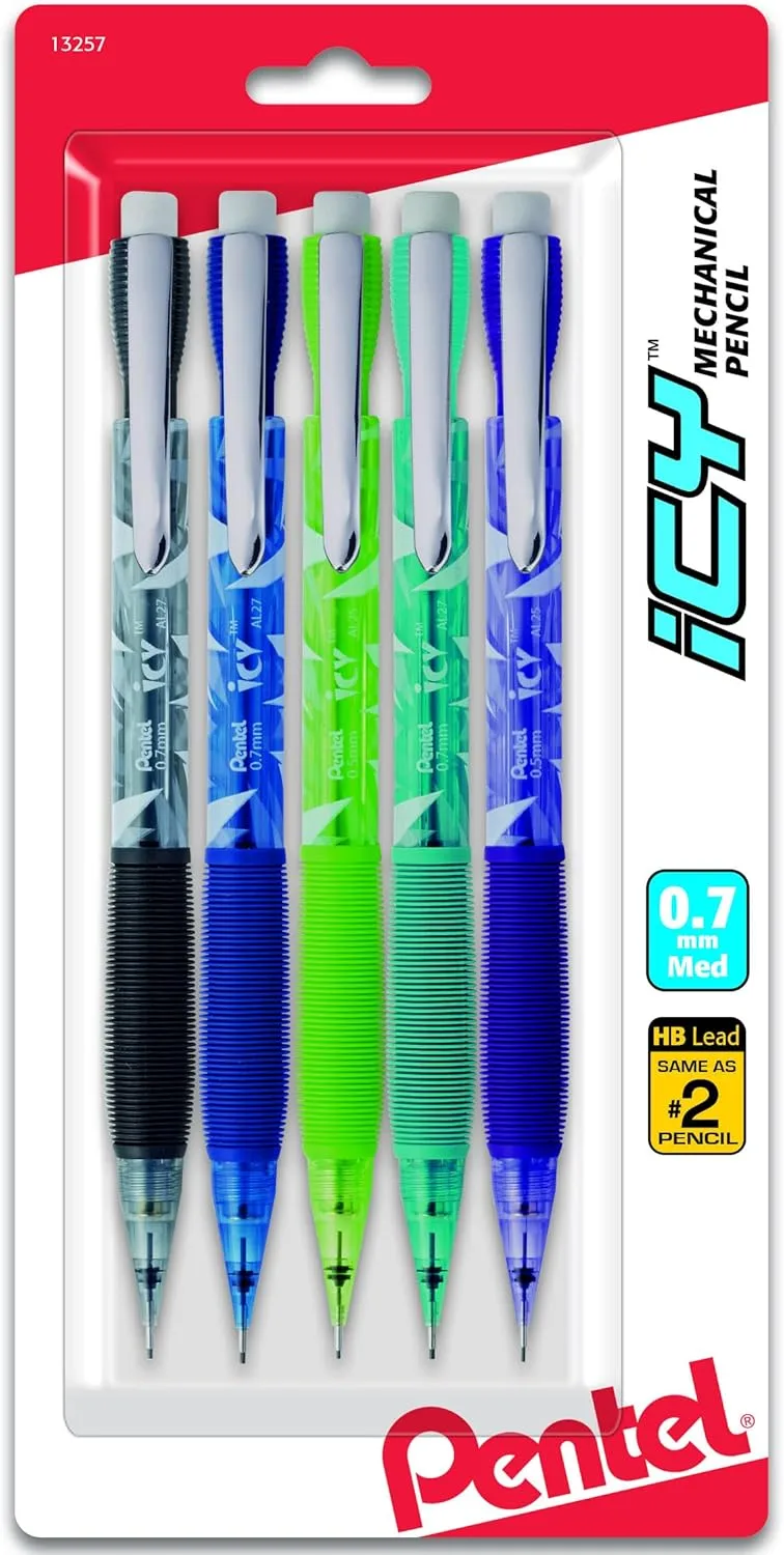 Pentel Razzle-Dazzle Icy Mechanical Pencil, 0.7 mm, Assorted Barrels, 5 Pack