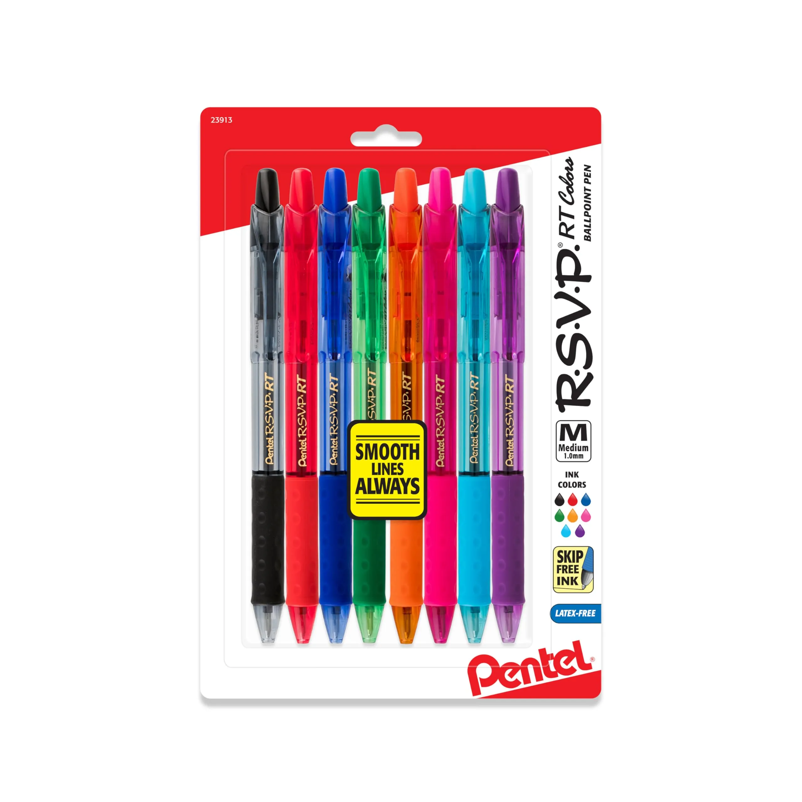 Pentel R.S.V.P. RT Retractable Ballpoint Pens, 1.0 mm, Medium Point, 59% Recycled, Assorted Barrels, Assorted Ink Colors, Pack Of 8