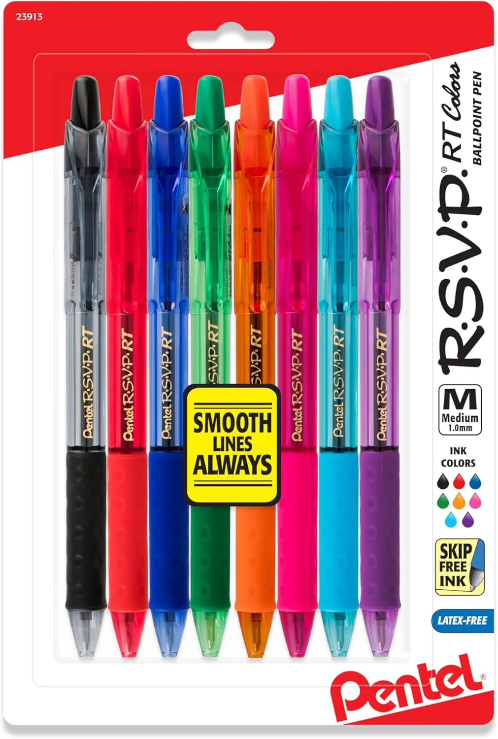 Pentel R.S.V.P. RT Retractable Ballpoint Pens, 1.0 mm, Medium Point, 59% Recycled, Assorted Barrels, Assorted Ink Colors, Pack Of 8