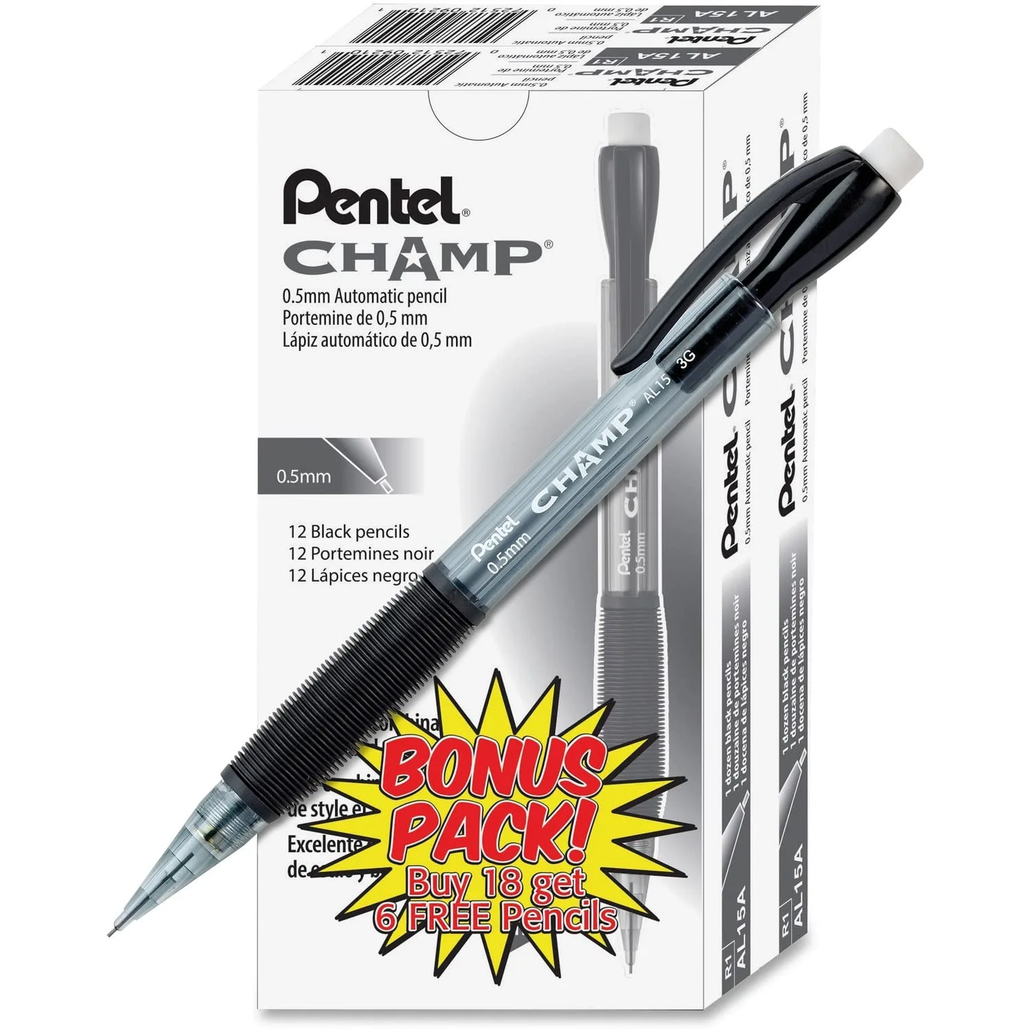 Pentel AL15ASW2 Champ Mechanical Pencil, 0.5 mm, Black, 24-Pack