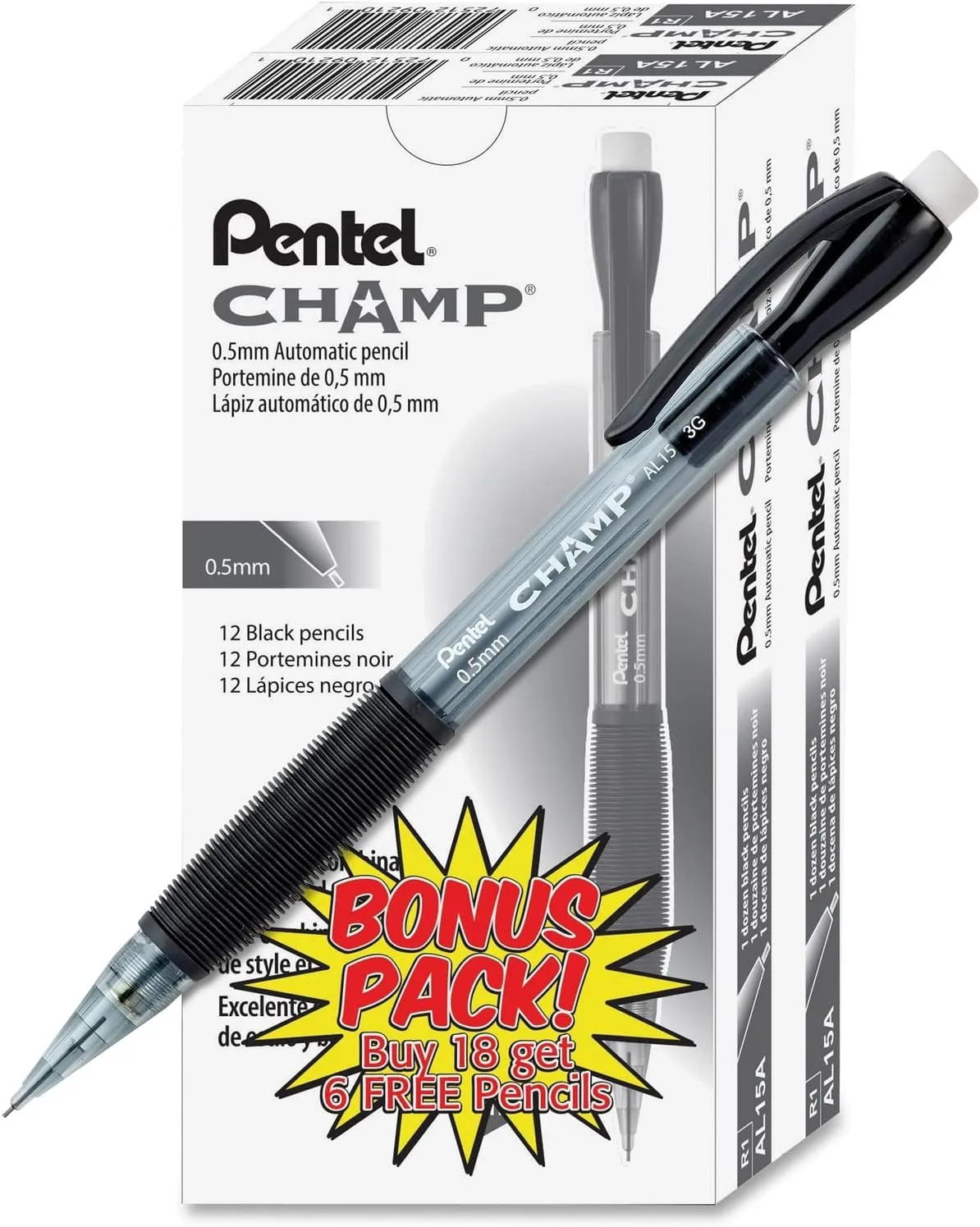 Pentel AL15ASW2 Champ Mechanical Pencil, 0.5 mm, Black, 24-Pack