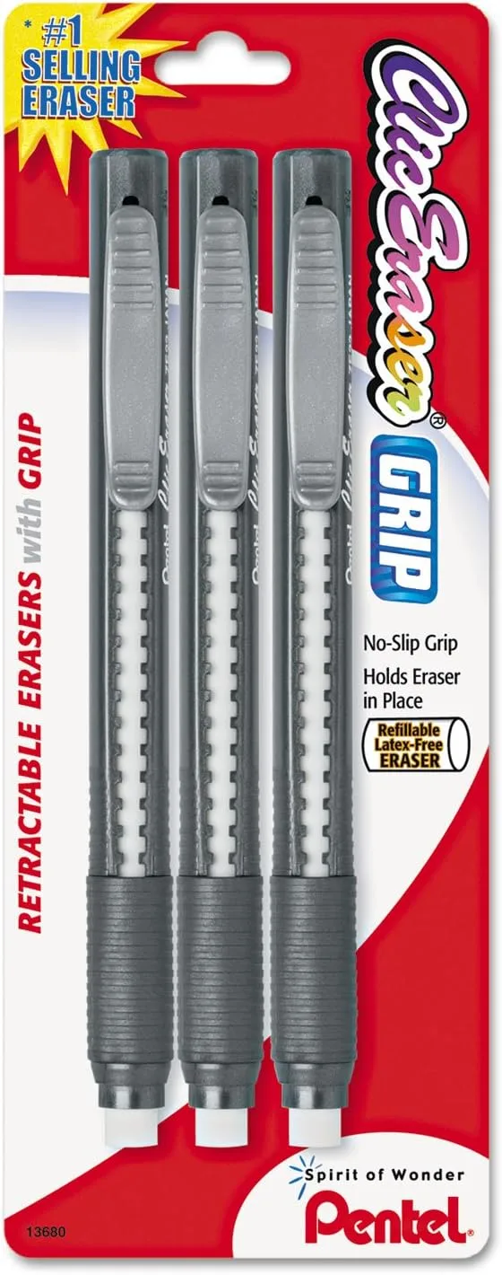 Pentel Clic Eraser Retractable Refillable Pen-Style Eraser, 3-Pack