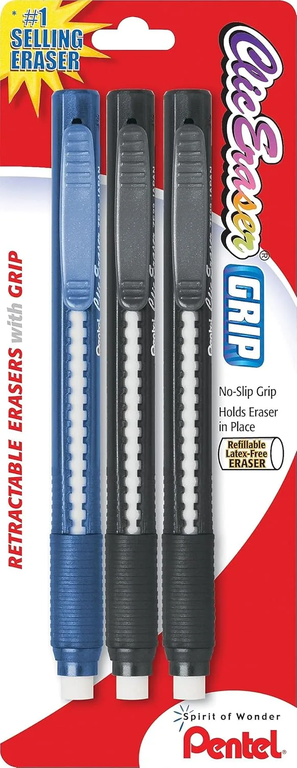 Pentel Clic Eraser Retractable Refillable Pen-Style Eraser, 3-Pack