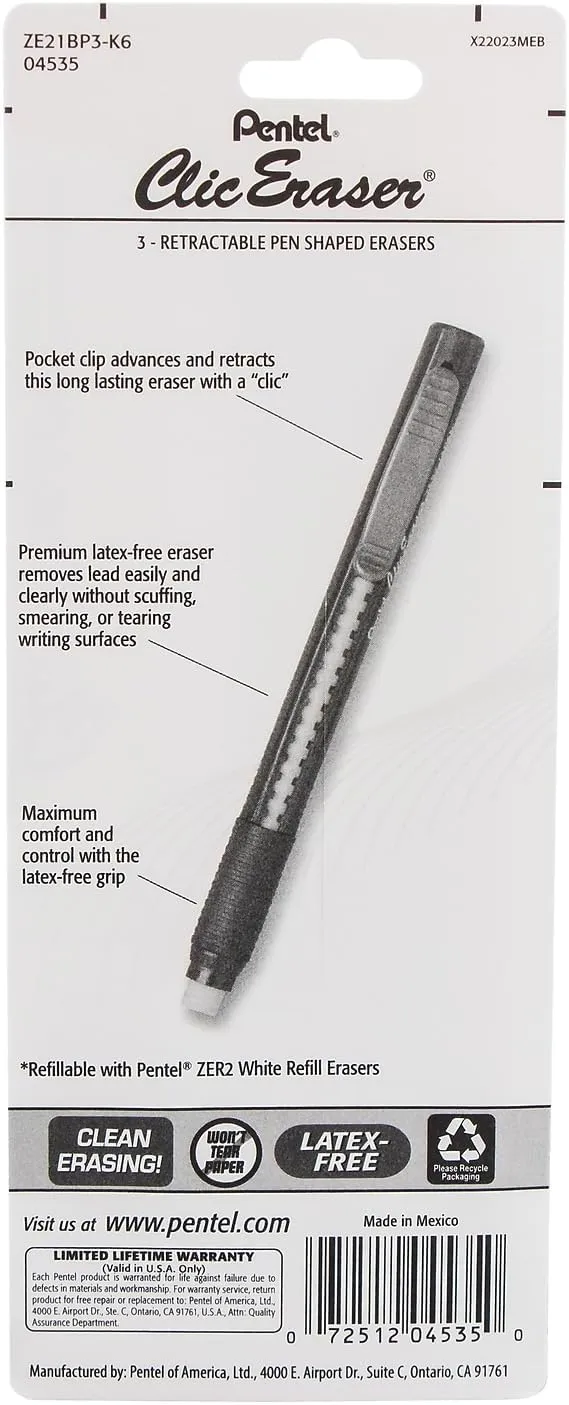 Pentel Clic Eraser Retractable Refillable Pen-Style Eraser, 3-Pack