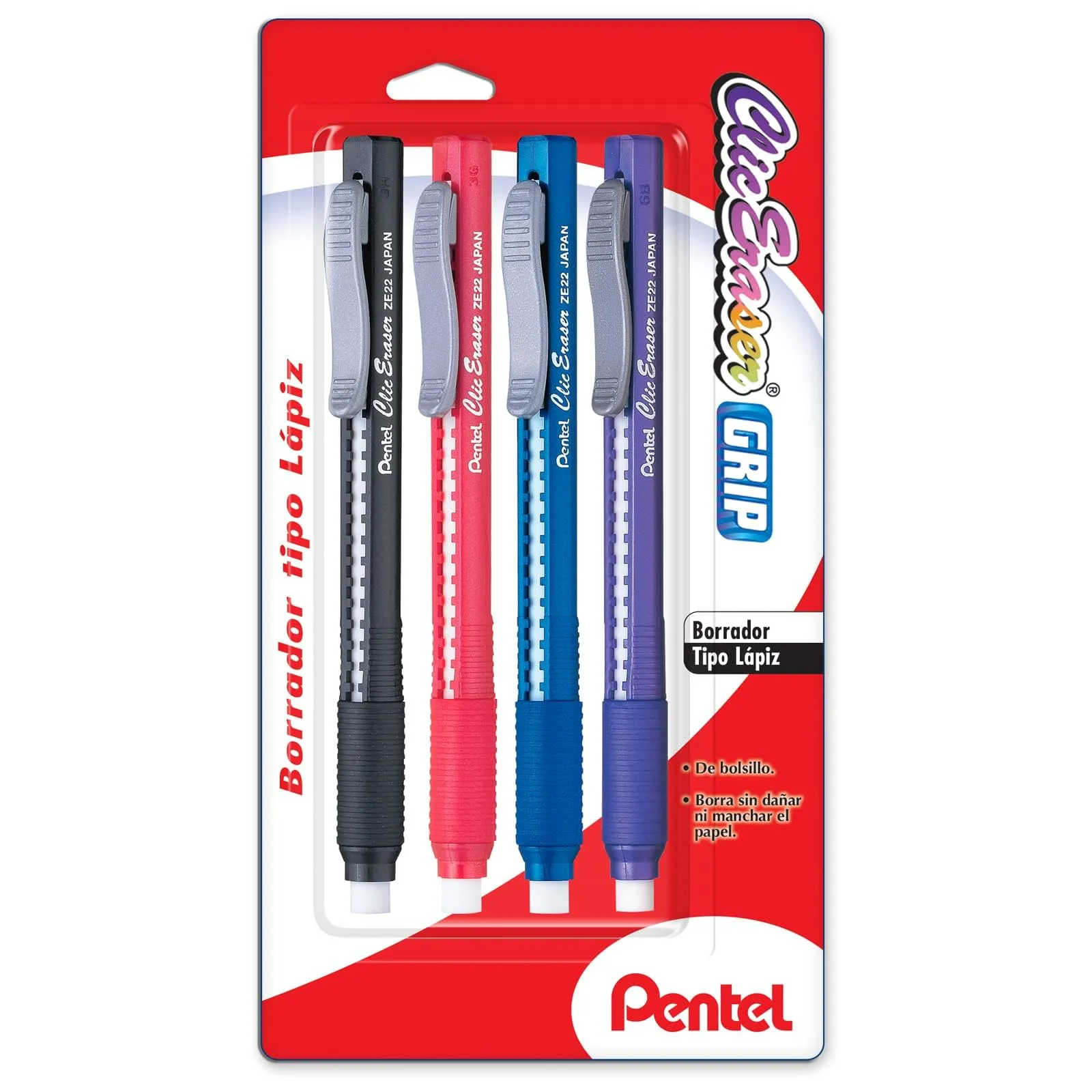 Pentel(R) Clic Erasers™, Black Barrel, Pack Of 4
