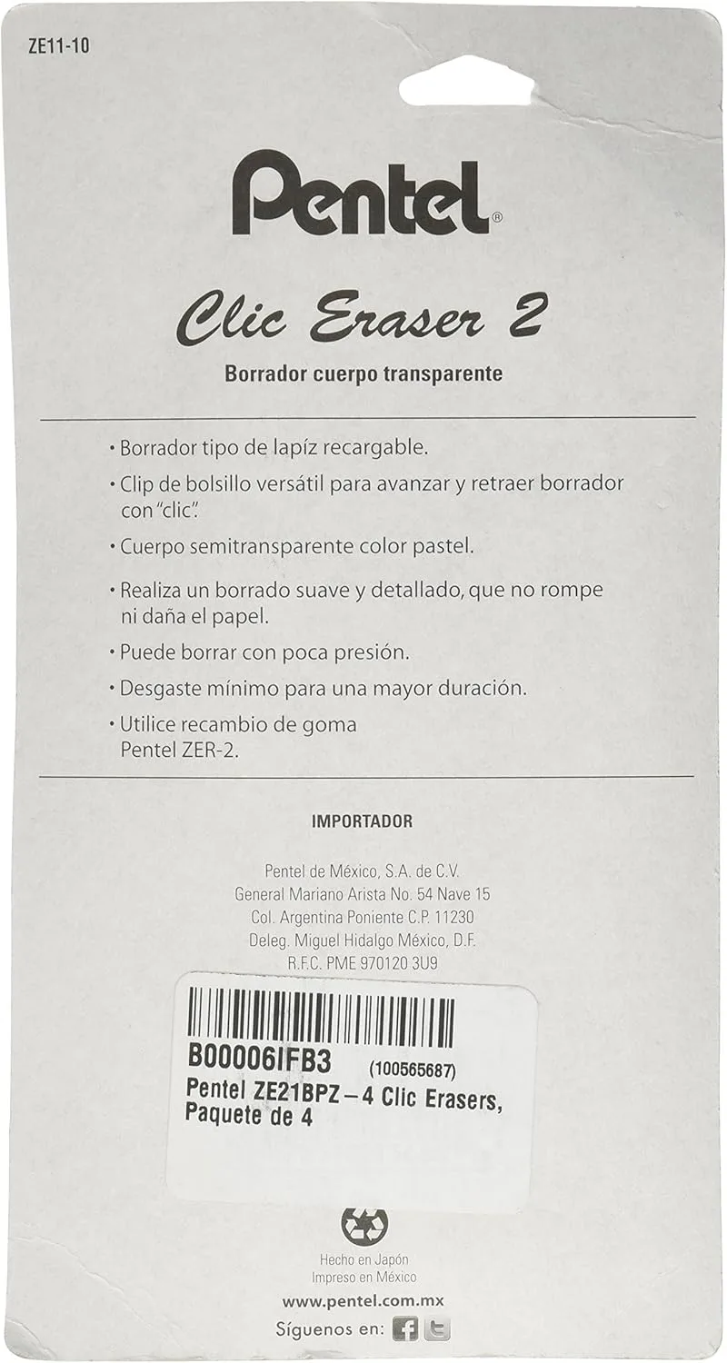 Pentel(R) Clic Erasers™, Black Barrel, Pack Of 4