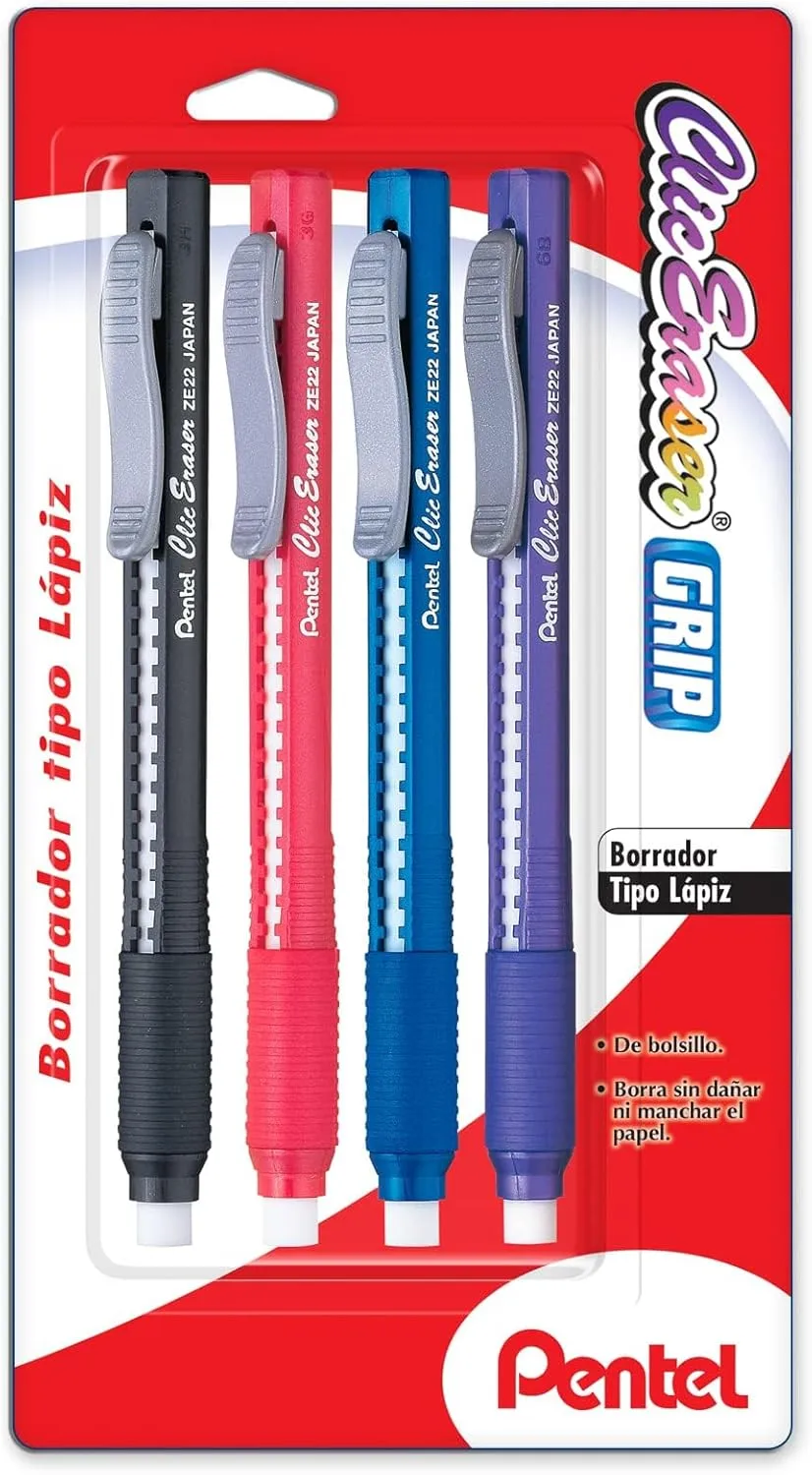 Pentel(R) Clic Erasers™, Black Barrel, Pack Of 4