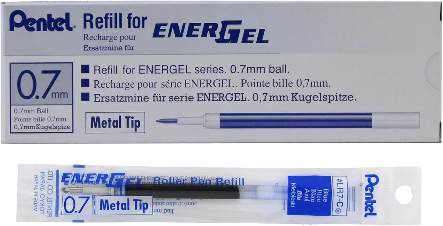 Pentel EnerGel Liquid Gel Pen Refill, 0.7 mm, Blue Ink, Metal Tip - 12/Box (LR7-C)