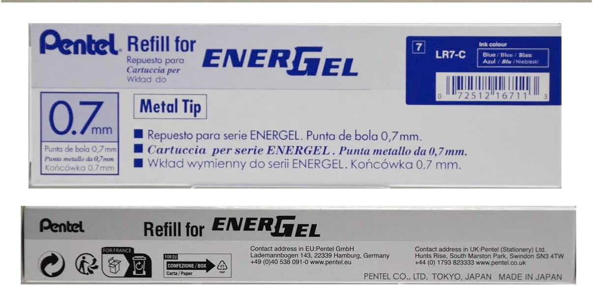 Pentel EnerGel Liquid Gel Pen Refill, 0.7 mm, Blue Ink, Metal Tip - 12/Box (LR7-C)