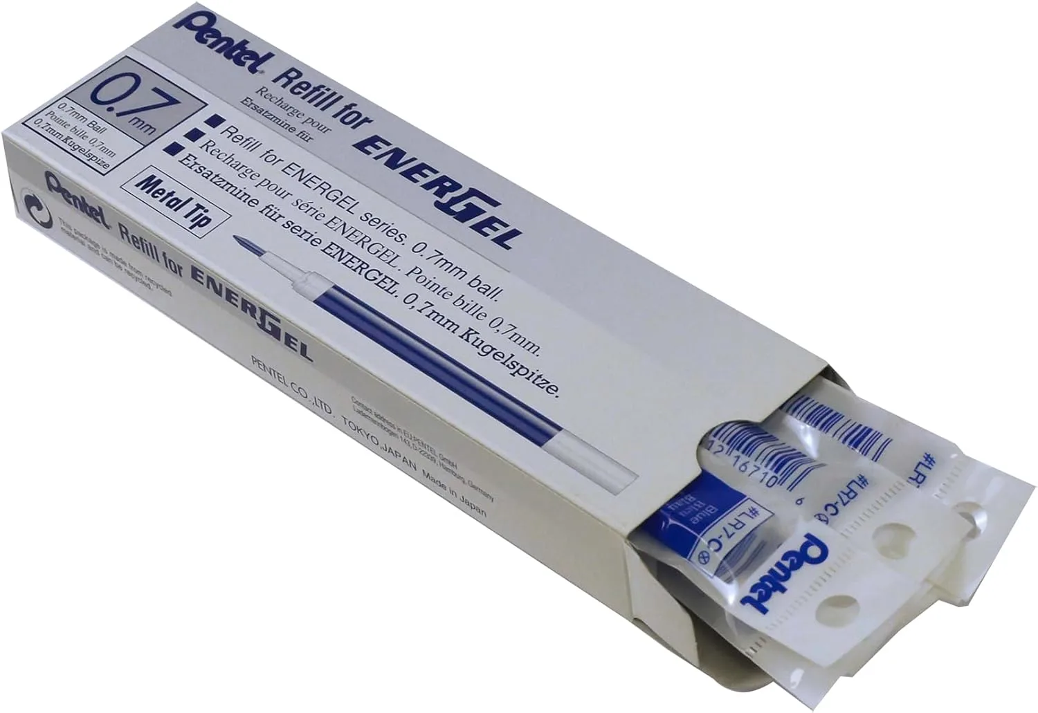Pentel EnerGel Liquid Gel Pen Refill, 0.7 mm, Blue Ink, Metal Tip - 12/Box (LR7-C)
