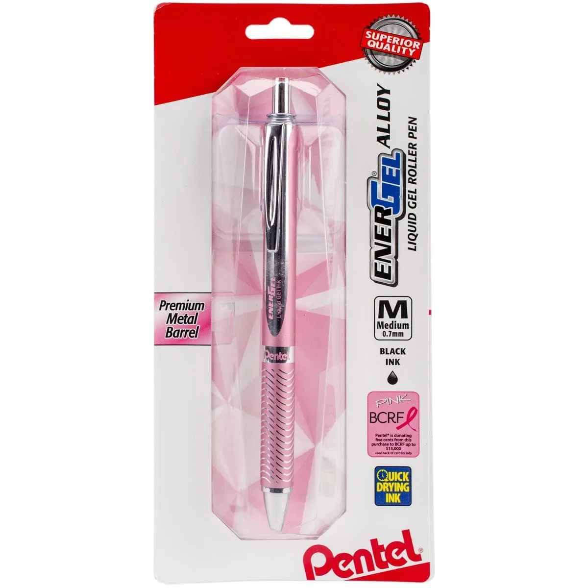 Pentel EnerGel Alloy Retractable Gel Pen, 0.7 mm, Black Ink, Pink Barrel