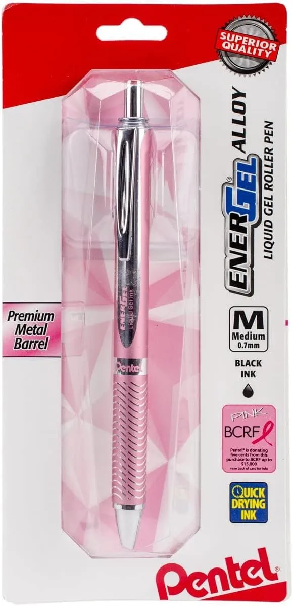 Pentel EnerGel Alloy Retractable Gel Pen, 0.7 mm, Black Ink, Pink Barrel