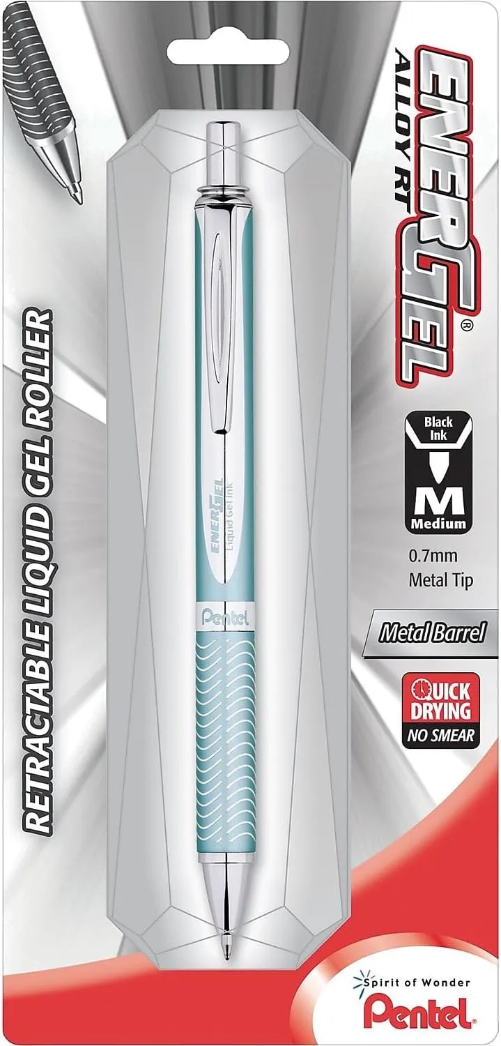 Pentel EnerGel Alloy Retractable Gel Pen, Medium Point 0.7 mm, Black Ink, Aquamarine Barrel - 1 Count