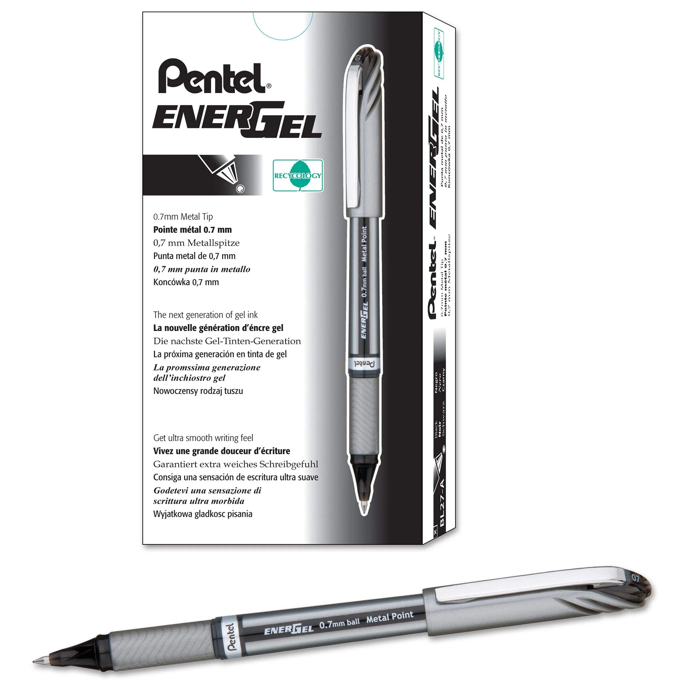 Pentel BL27A EnerGel NV Liquid Gel Pen, .7mm, Gray Barrel, Black Ink, Dozen (BL27-A)