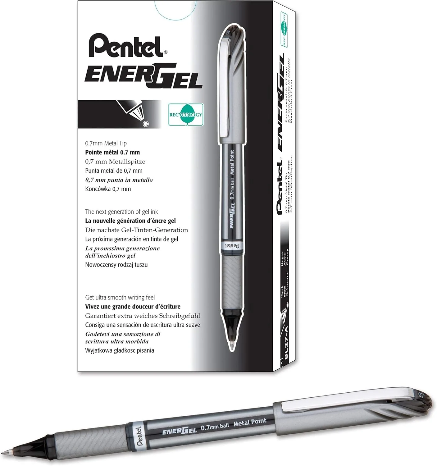 Pentel BL27A EnerGel NV Liquid Gel Pen, .7mm, Gray Barrel, Black Ink, Dozen (BL27-A)