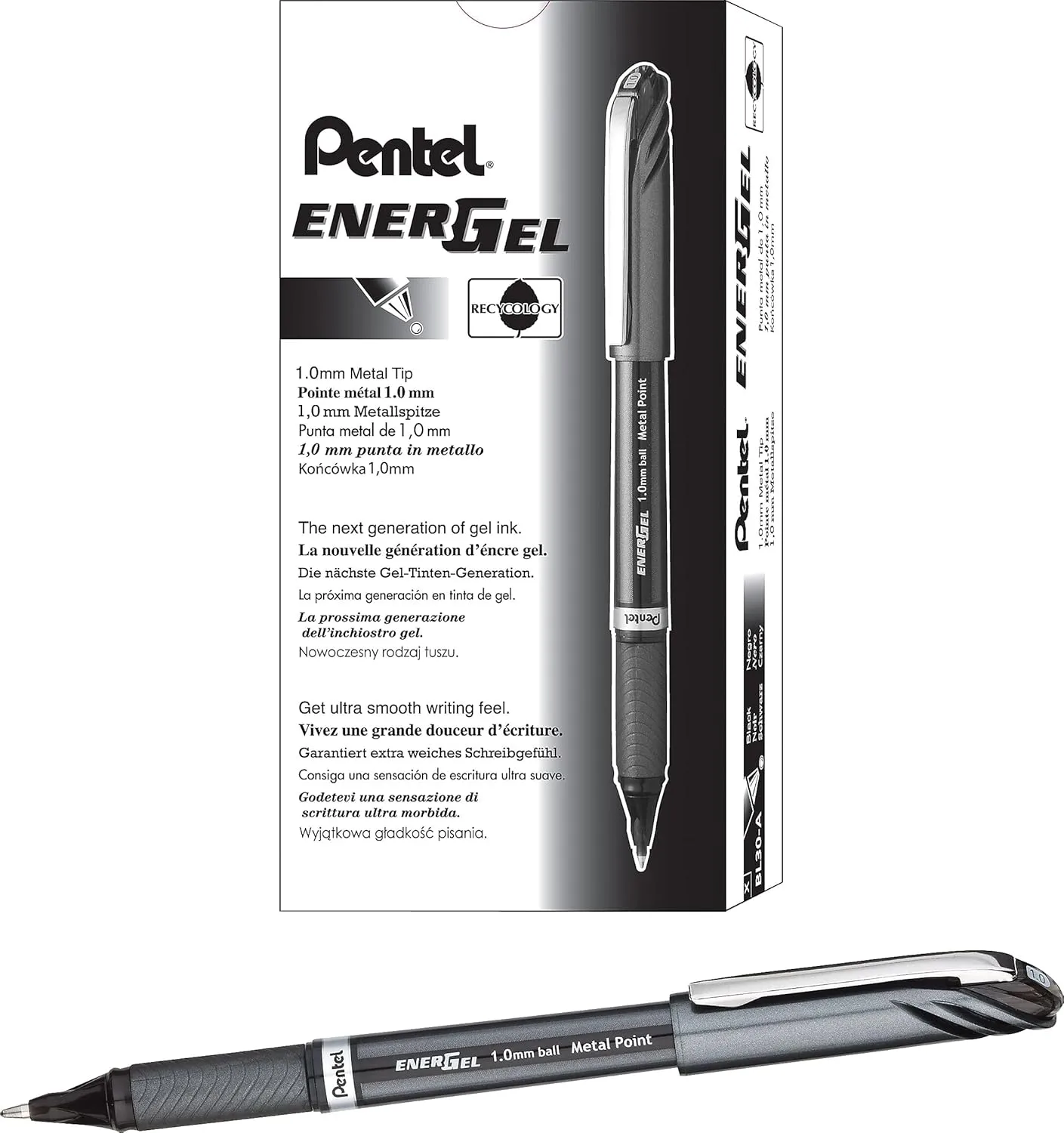 Pentel EnerGel NV Liquid Gel Pens, Bold Point, 1.0 mm, Black Ink, Pack Of 12 Pens