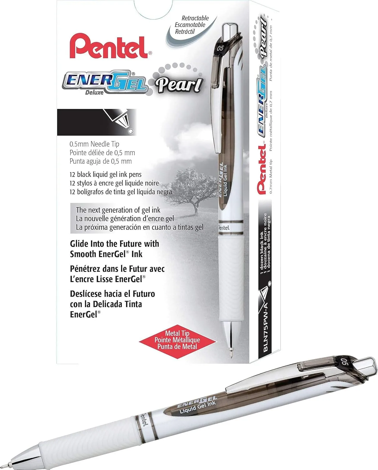 Pentel EnerGel Pearl Retractable Liquid Gel Pen, 0.5 mm Fine, Pearl White Barrel, Black Ink