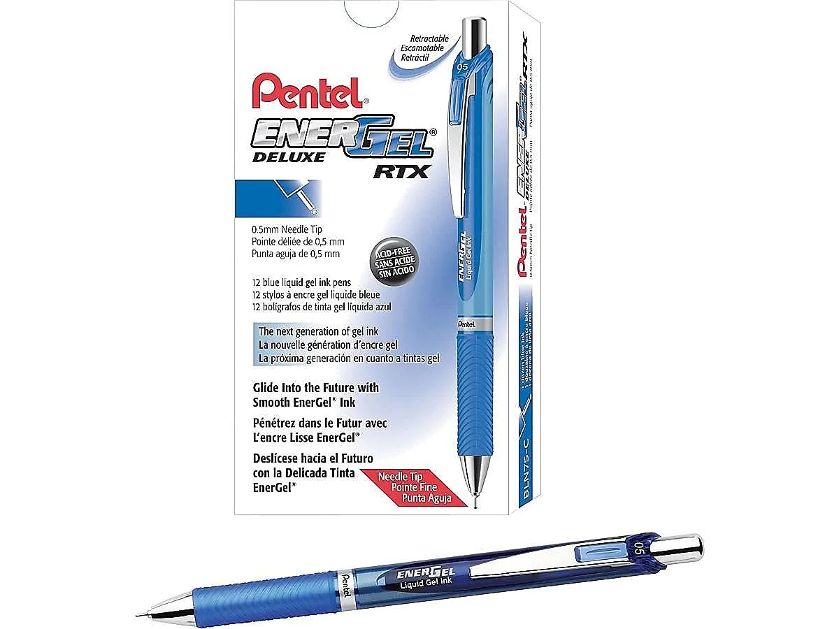 Pentel EnerGel RTX Retractable Gel Pens, Needle Tip Fine Point, Blue, Dozen (BLN75-C)