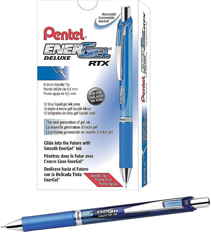 Pentel EnerGel RTX Retractable Gel Pens, Needle Tip Fine Point, Blue, Dozen (BLN75-C)