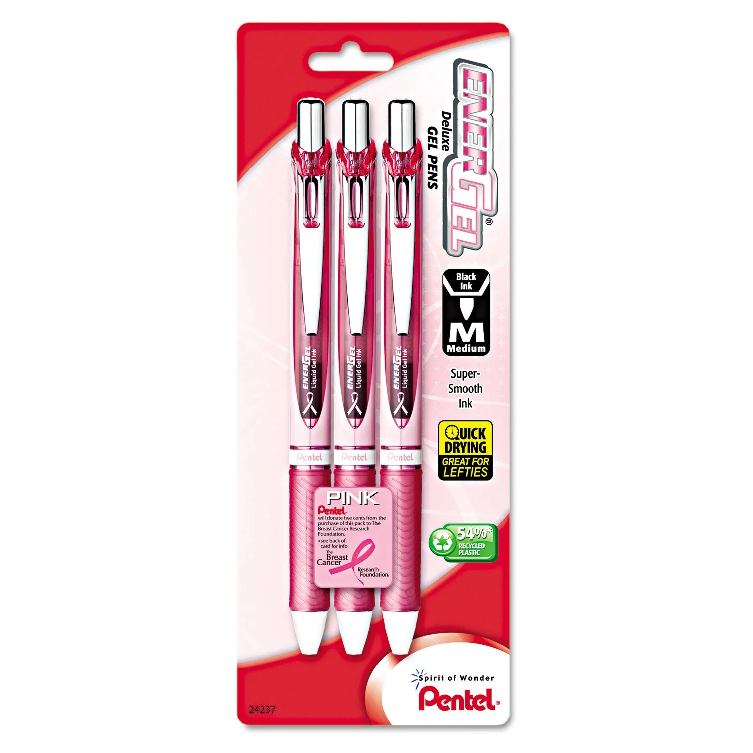 Pentel EnerGel RTX Retractable Liquid Gel Pen, 0.7 mm, Black Ink, Pink Barrel, 3-Pack