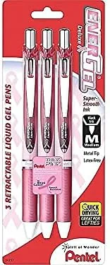Pentel EnerGel RTX Retractable Liquid Gel Pen, 0.7 mm, Black Ink, Pink Barrel, 3-Pack