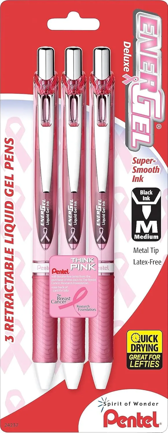 Pentel EnerGel RTX Retractable Liquid Gel Pen, 0.7 mm, Black Ink, Pink Barrel, 3-Pack
