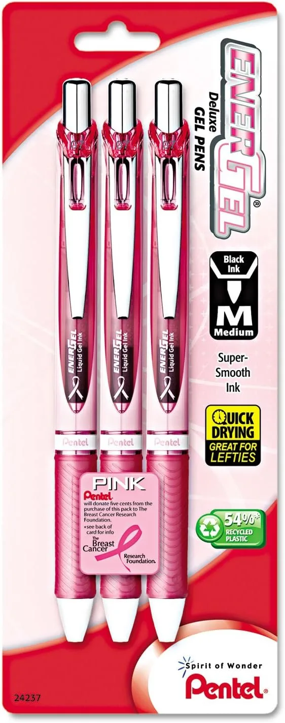 Pentel EnerGel RTX Retractable Liquid Gel Pen, 0.7 mm, Black Ink, Pink Barrel, 3-Pack
