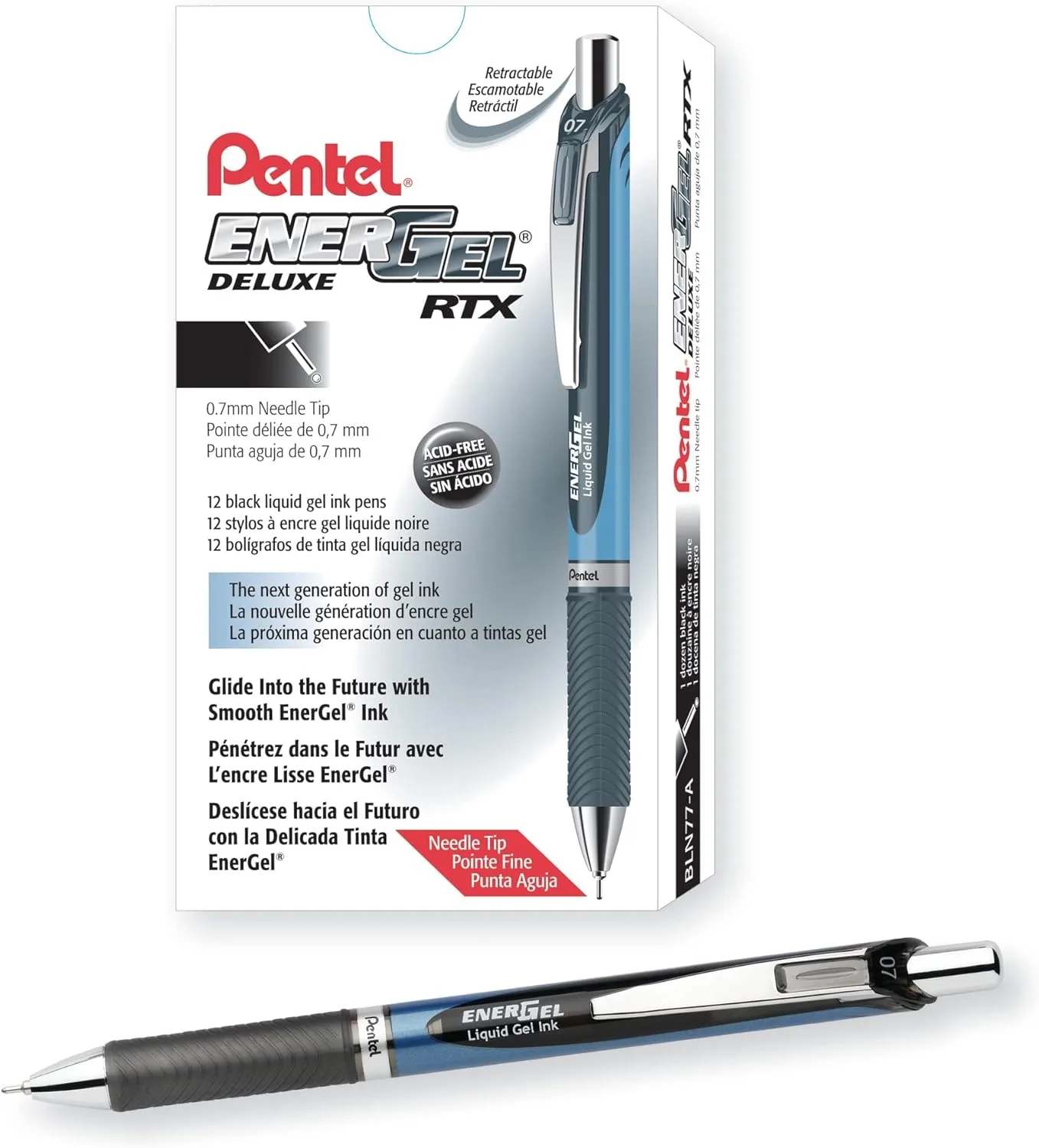 Pentel® EnerGel™ Deluxe RTX Retractable Pen, Needle Point, 0.7 mm, Assorted Barrels, Black Ink