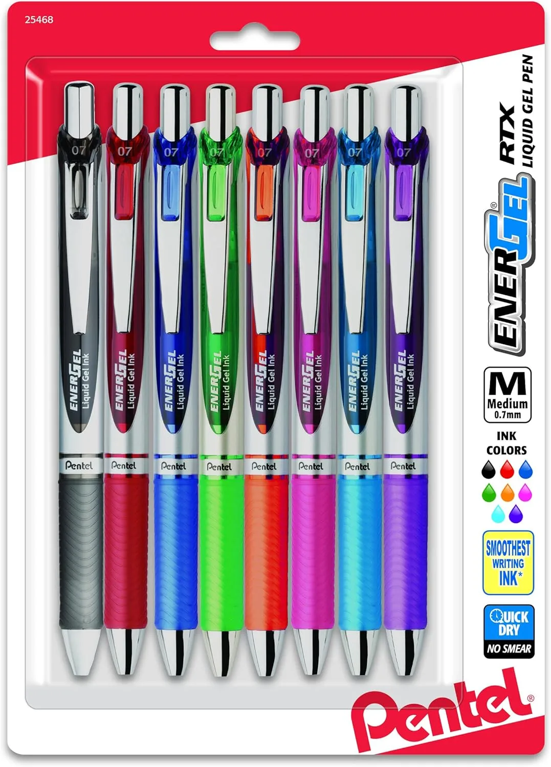 Pentel EnerGel RTX Retractable Liquid Gel Pen, (0.7mm), Medium Line, Metal Tip, Assorted Ink, Pack of 8 (BL77BP8M)