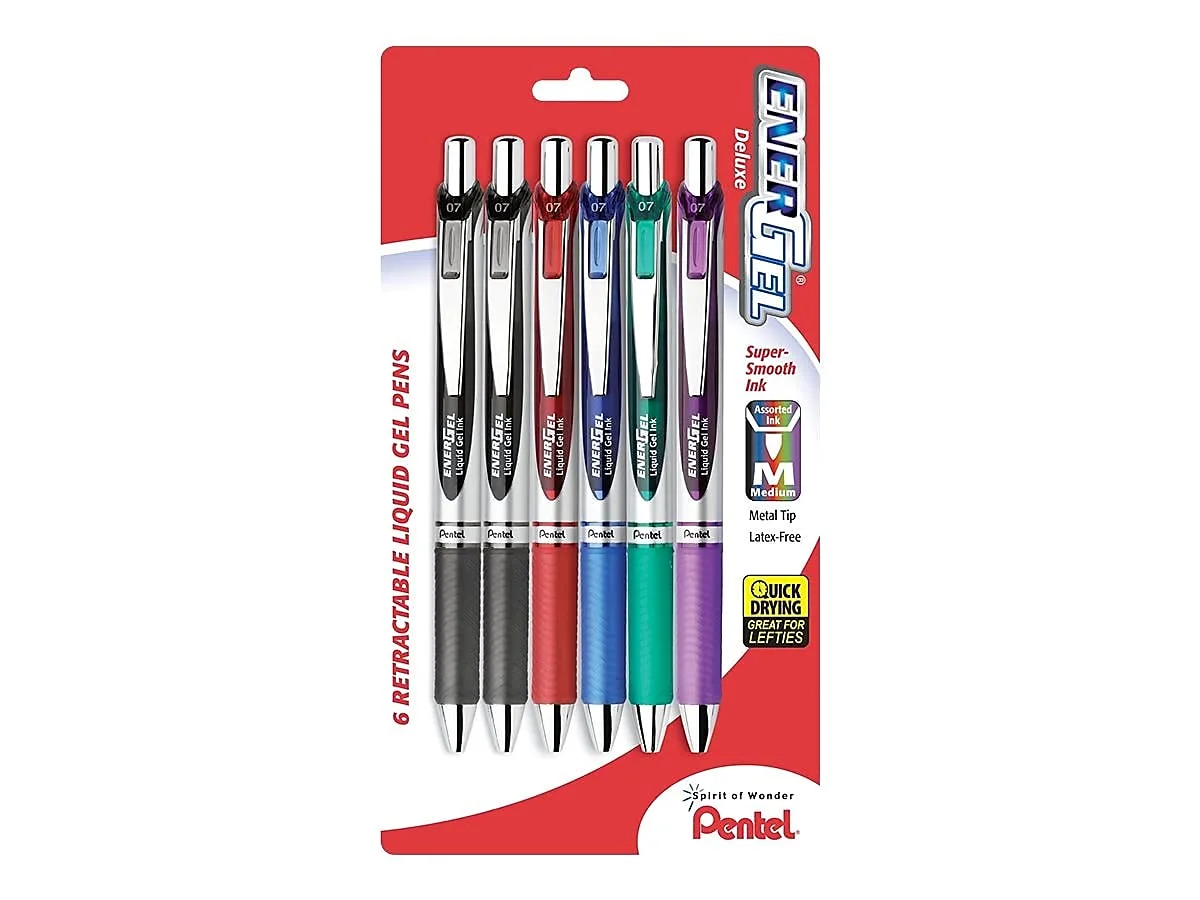 Pentel EnerGel RTX Retractable Liquid Gel Pens, 0.7 mm Medium, Silver Barrel, Assorted Ink, Pack of 6
