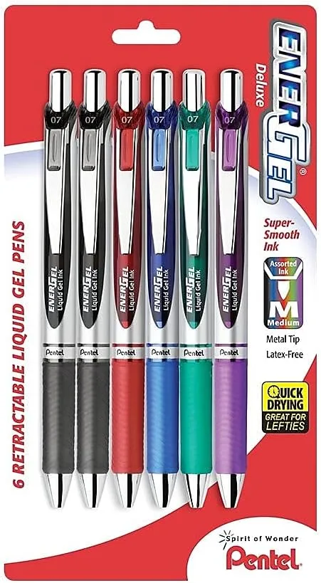 Pentel EnerGel RTX Retractable Liquid Gel Pens, 0.7 mm Medium, Silver Barrel, Assorted Ink, Pack of 6