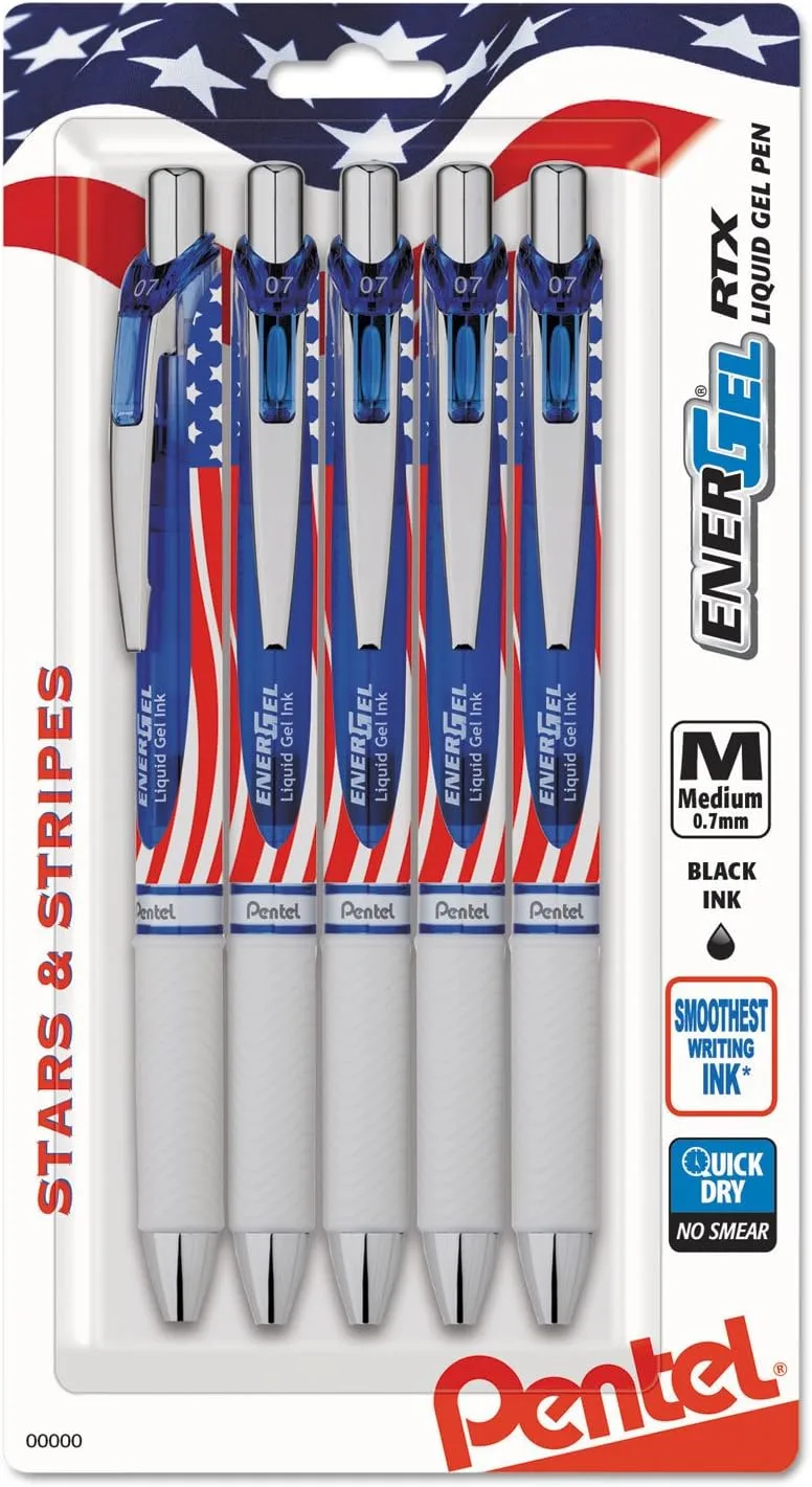 Pentel Energel RTX Gel Pen, Retractable, Medium 0.7 mm, Black Ink, 5-Pack