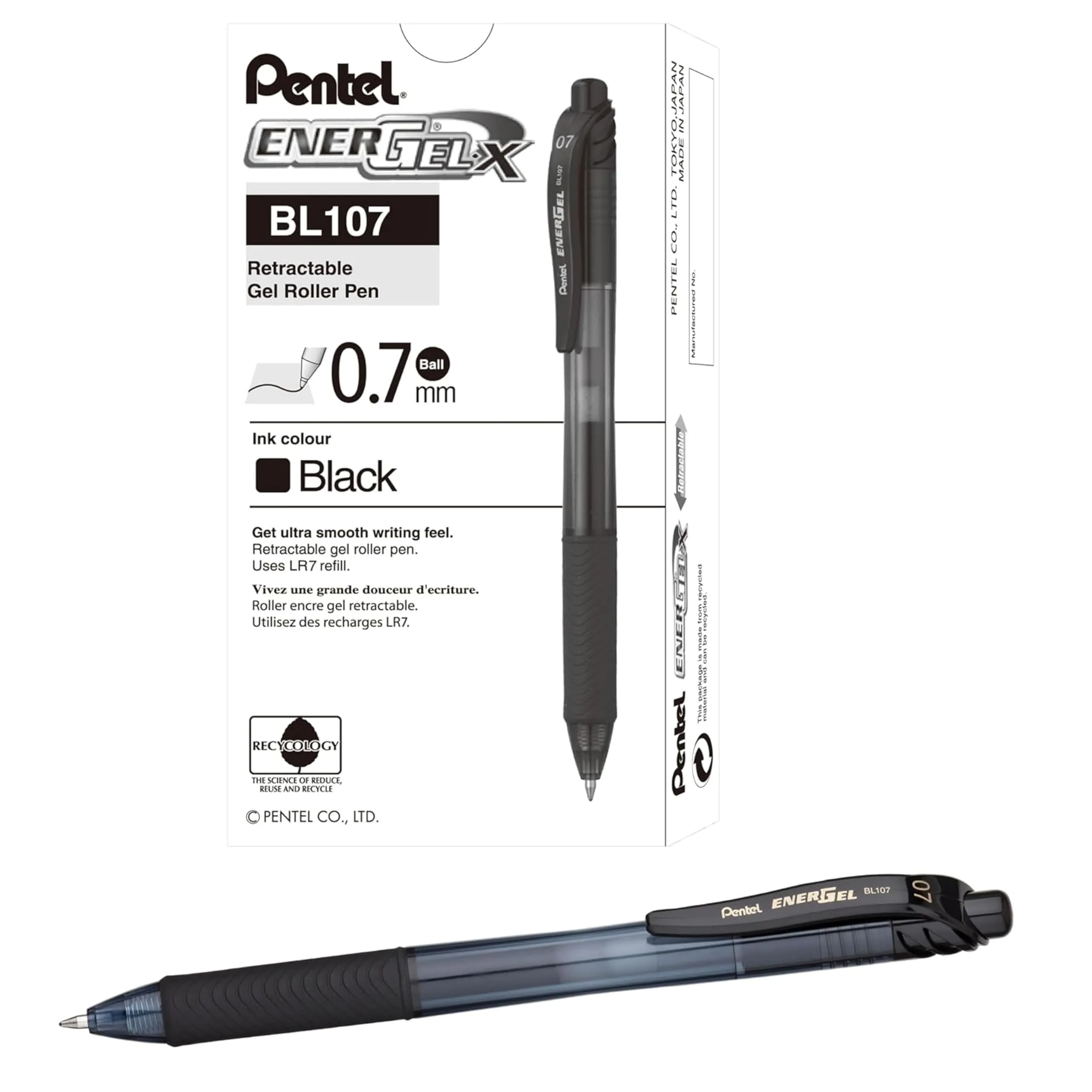 Pentel EnerGel X Retractable Liquid Gel Pens, Medium Point, 0.7 mm, 84% Recycled, Assorted Barrels, Black Ink, Box Of 12 Pens
