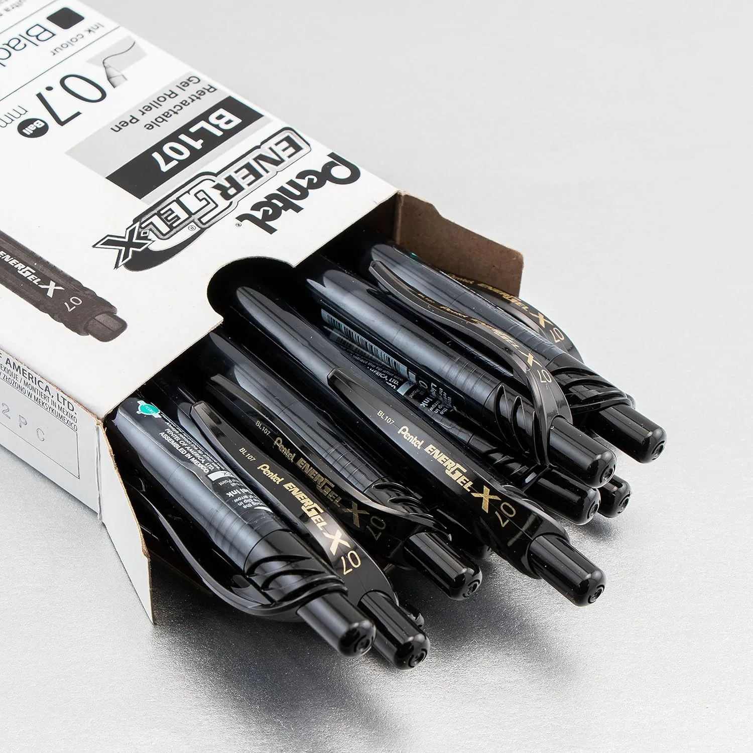 Pentel EnerGel X Retractable Liquid Gel Pens, Medium Point, 0.7 mm, 84% Recycled, Assorted Barrels, Black Ink, Box Of 12 Pens